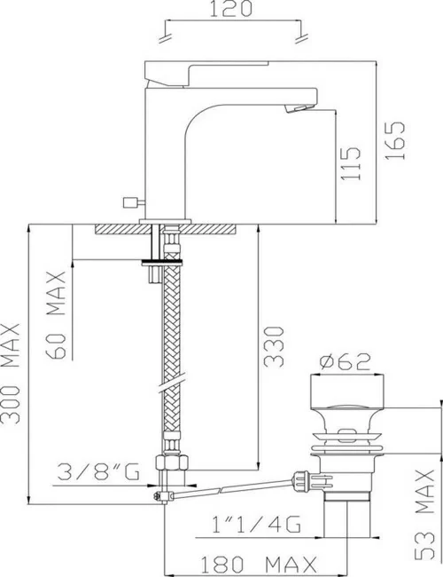 Scheda tecnica rubinetto monocomando per lavabo linea H-uno Effepi Rubinetterie