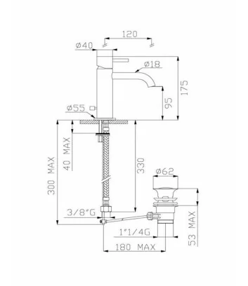 Fiche technique du mitigeur de lavabo sans vidage de la gamme Tondì d'Effepi Rubinetterie