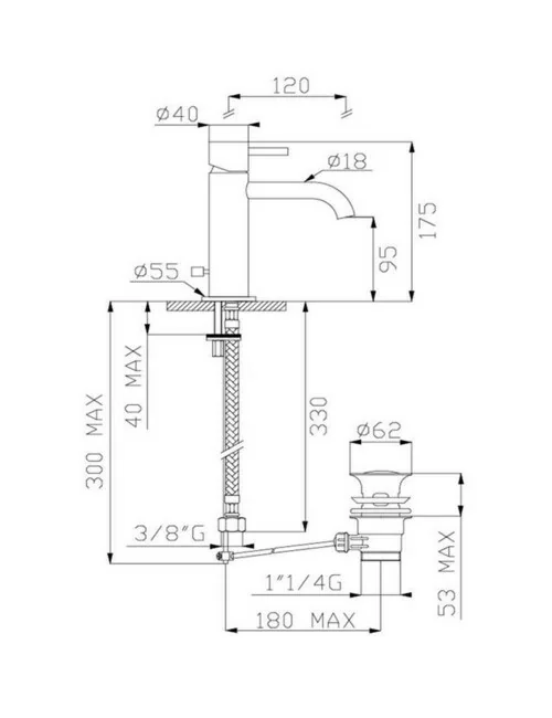 Technical specifications for the Tondì single-lever washbasin tap (without pop-up waste) from Effepi Rubinetterie