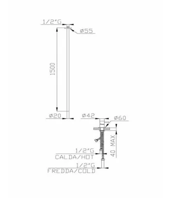 Technical data sheet for the Tondì range single-lever ceiling-mounted tap by Effepi Rubinetterie