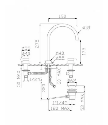 Technical data sheet for the three-hole tap with drain from the Tondì range by Effepi Rubinetterie