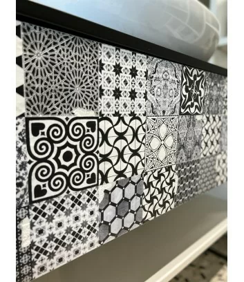 bathroom chest of drawers with black and white cementine decoration