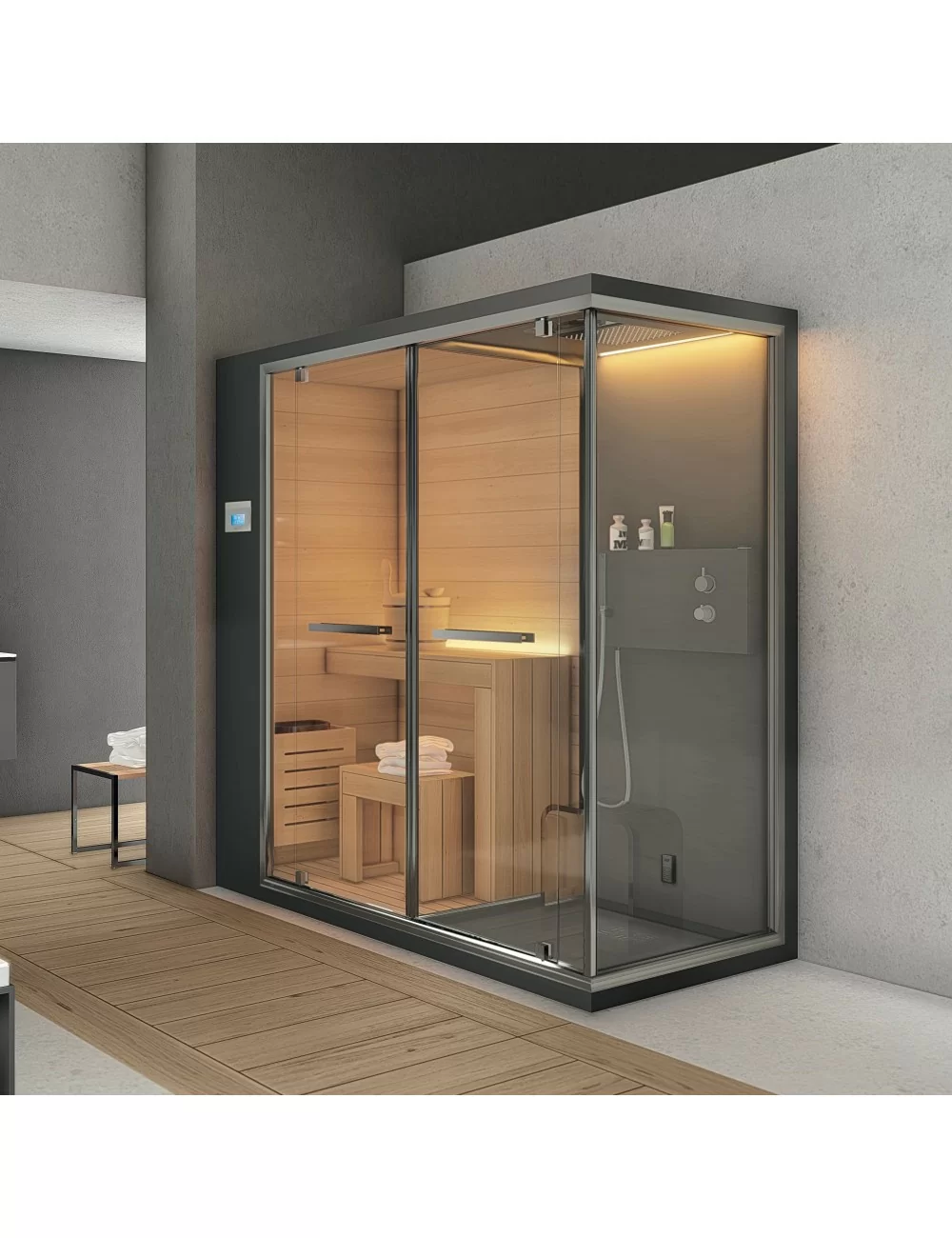 Ethos C: cabina con sauna, bagno turco e doccia  Foly export ceramiche  Dimensione 200x100x215 h