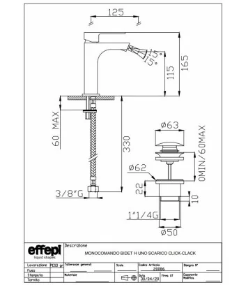 scheda tecnica monocomando bidet h-uno effepi rubinetterie