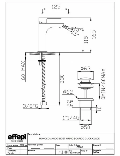 fiche technique monocommande de bidet H-Uno de Effepi rubinetterie