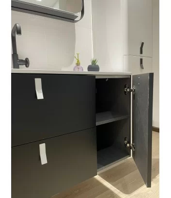 matt black bathroom cabinet with open compartment