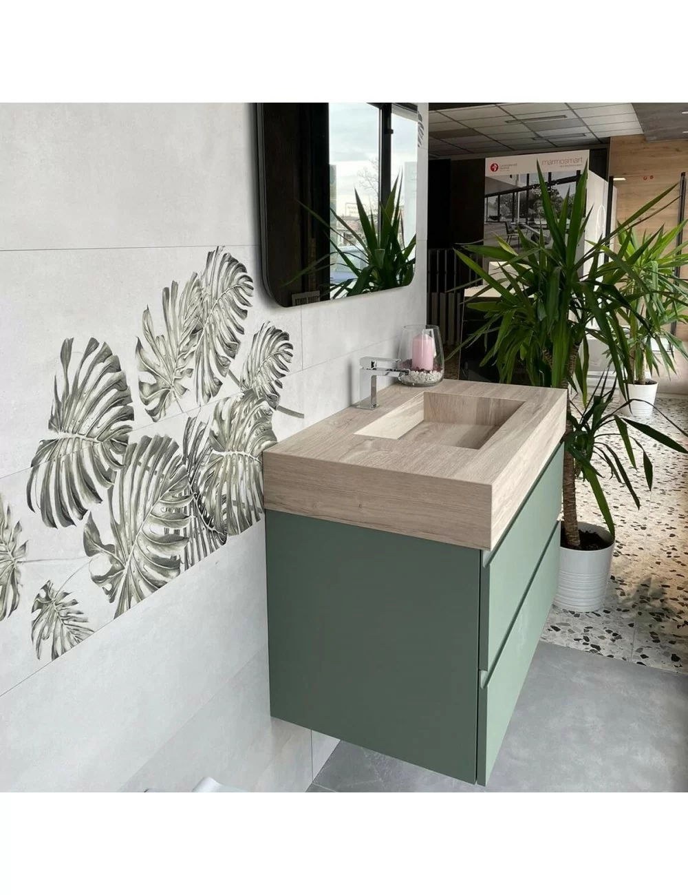 Mobile bagno sospeso 90 cm: color verde salvia e top effetto legno