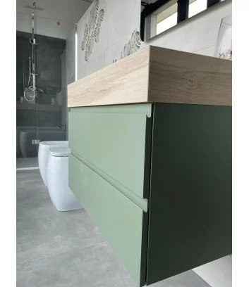 detail of sage green bathroom drawers