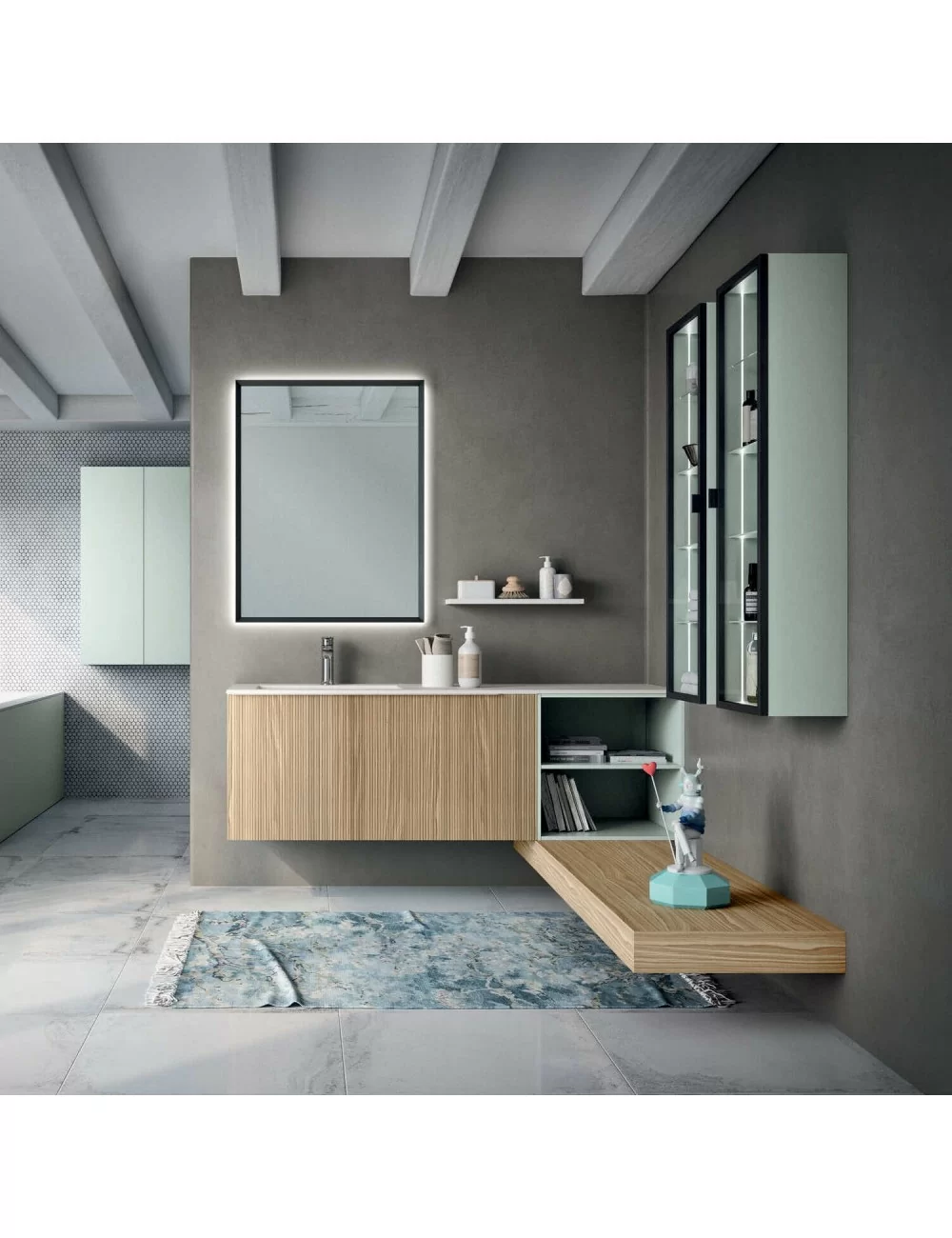 wall-hung bathroom furniture 155 cm in light oak by Hafro Geromin