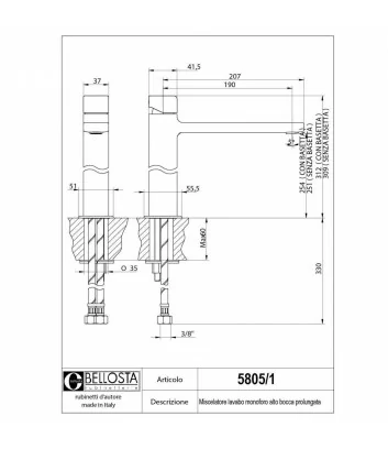 technical data sheet high basin mixer with extended spout Micheli 5805-1 collection