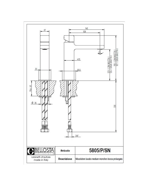 technical data sheet high mixer basin Micheli line 5805-P-SN