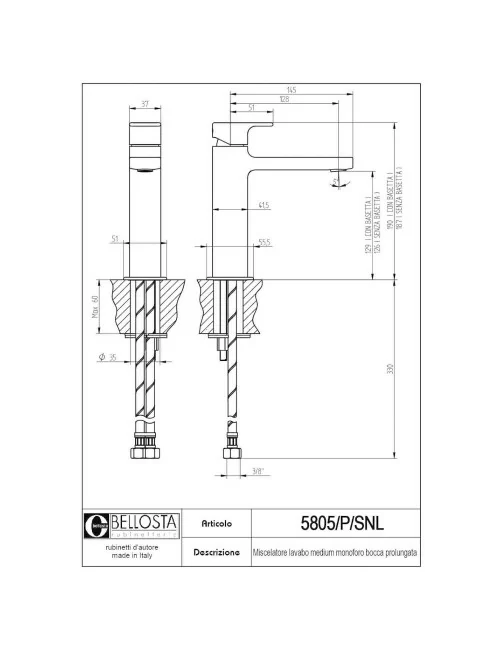 scheda tecnica miscelatore lavabo alto linea Micheli 5805-P-SNL