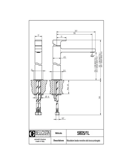 technical data sheet high mixer basin extended spout Micheli collectin 5805-1L