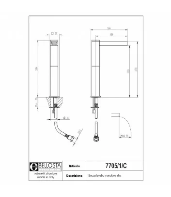 technical data sheet high basin mixer Beethoven collection 7701-1-C Bellosta