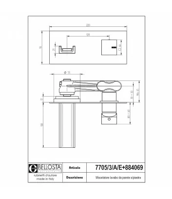 scheda tecnica miscelatore lavabo a muro collezione Beethoven 7705-3-A-E - Bellosta rubinetterie