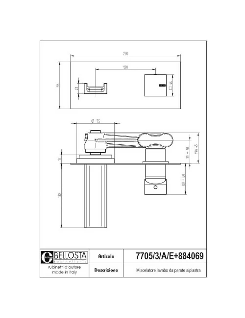fiche technique mitigeur de lavabo mural collection Beethoven 7705-3-A-E - Bellosta rubinetterie