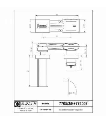 scheda tecnica miscelatore lavabo a muro collezione Beethoven 7705-3-E - Bellosta rubinetterie