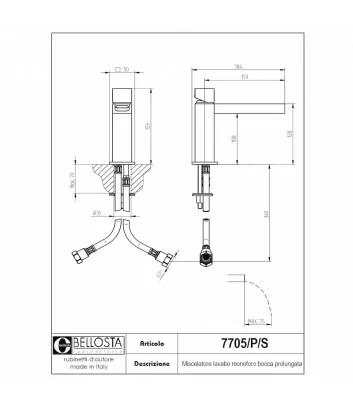 technical data sheet basin mixer Beethoven collection 7705-P-S Bellosta