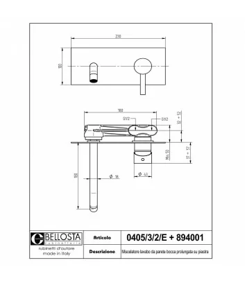 scheda tecnica miscelatore lavabo a muro collezione Bambù 0405-3-2-E - Bellosta rubinetterie