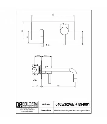 fiche technique mitigeur de lavabo mural collection Bambù 0405-3-2V-E - Bellosta rubinetterie