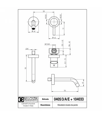 scheda tecnica miscelatore lavabo a muro collezione Bambù 0405-3-A-E - Bellosta rubinetterie