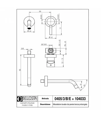 scheda tecnica miscelatore lavabo a muro collezione Bambù 0405-3-B-E - Bellosta rubinetterie