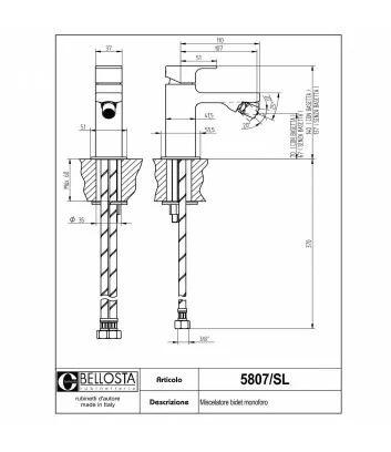 fiche technique model 5807-SL mitigeur de bidet monotrou collection Micheli - Bellosta Rubinetterie