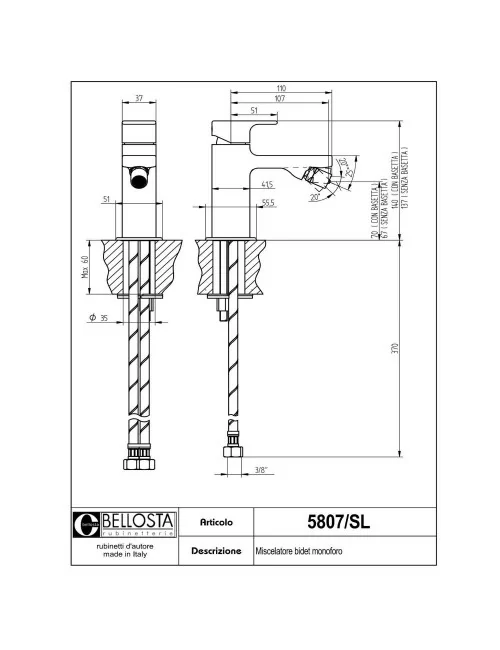 scheda tecnica modello 5807-SL miscelatore bidet monoforo collezione Micheli - Bellosta Rubinetterie