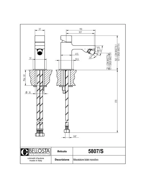 technical data sheet single-hole bidet mixer 5807-S model Micheli collection by Bellosta