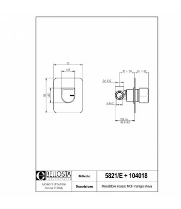 technical data sheet concealed shower mixer model 5821-E Micheli collection by Bellosta