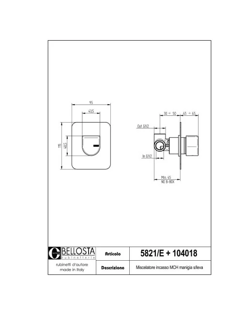 scheda tecnica modello 5821-E miscelatore doccia incasso collezione Micheli - Bellosta Rubinetterie