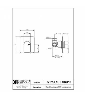 technical data sheet concealed shower mixer model 5821-L-E Micheli collection by Bellosta