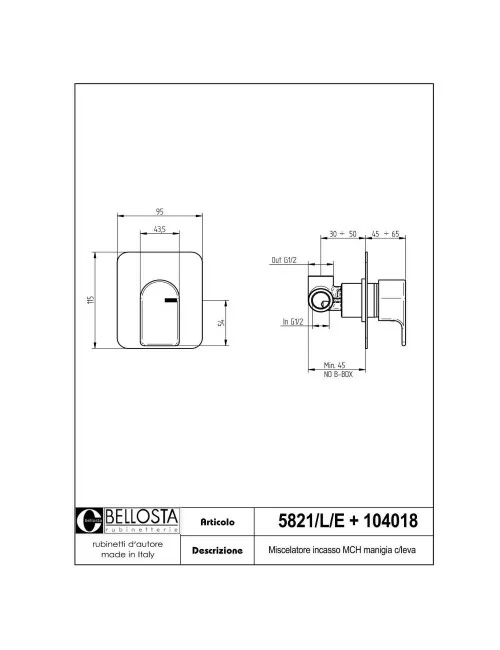 scheda tecnica modello 5821-L-E miscelatore doccia incasso collezione Micheli - Bellosta Rubinetterie