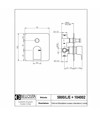 technical data sheet concealed shower mixer model 5800-L-E Micheli collection by Bellosta