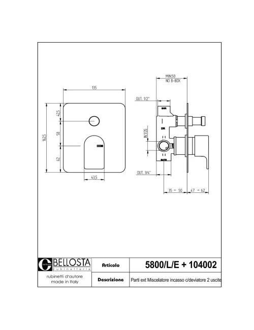 scheda tecnica modello 5800-L-E miscelatore doccia incasso collezione Micheli - Bellosta Rubinetterie