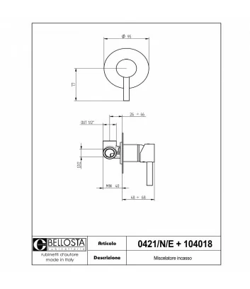 technical data sheet concealed shower mixer model 0421-N-E Bambù collection by Bellosta