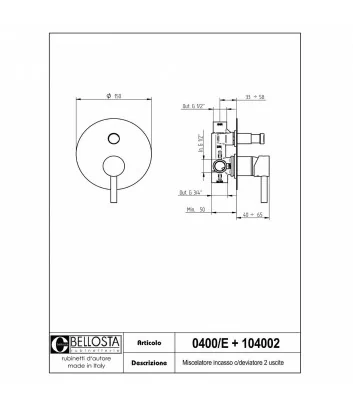 technical data sheet concealed shower mixer Bambù with 2 outlet w/diverter