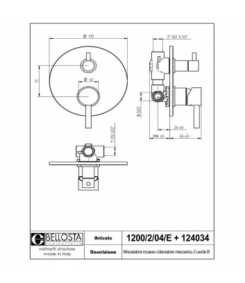 technical data sheet concealed shower mixer Bambù by Bellosta