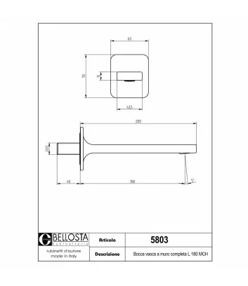 scheda tecnica Bocca per vasca da parete 5803 collezione Micheli - Bellosta Rubinetterie