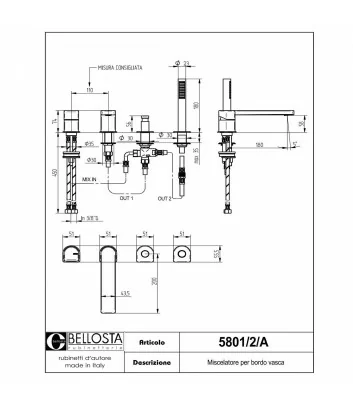 fiche tecnique mitigeur baignoire sur plage 5801-2-A collezione Micheli - Bellosta Rubinetterie