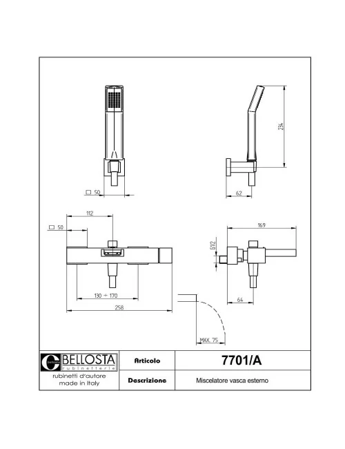 scheda tecnica miscelatore vasca esterno modello 7701-A collezione Beethoven - Bellosta Rubinetterie