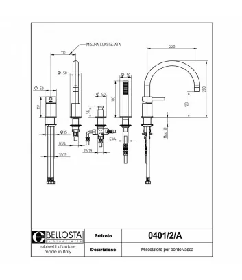 technical data sheet deck-mounted bath mixer 0401-2-A model Bambù collection