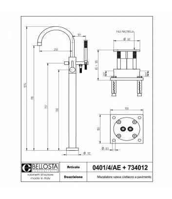 technical data sheet freestanding bath mixer model 0401-4-AE bambù collection