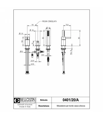 technical data sheet deck-mounted bath mixer 0401-20-A model Bambù collection