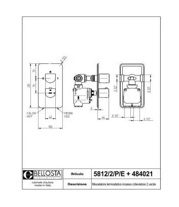 technical data sheet thermostatic shower mixer Micheli collection - Bellosta