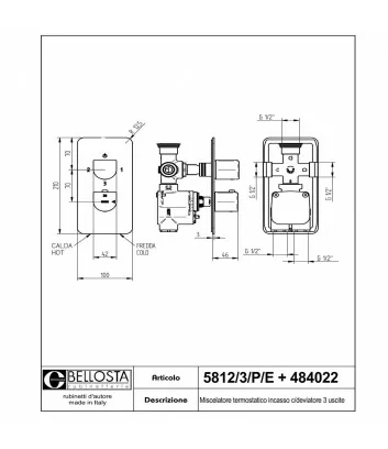 technical data sheet concealed thermostatic shower mixer Micheli collection - Bellosta