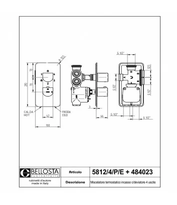 technical data sheet concealed thermostatic shower mixer Micheli collection by Bellosta