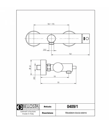 scheda tecnica modello 0409-1 miscelatore doccia esterno collezione Bambù - Bellosta Rubinetterie