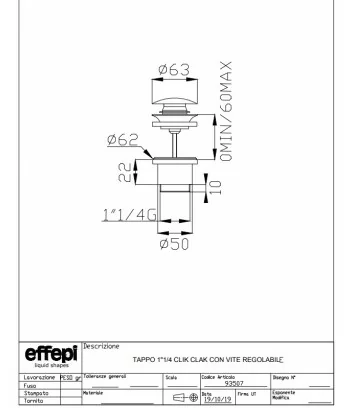scheda tecnica scarico click clack in ottone per lavabo cod 935-07 Effepi