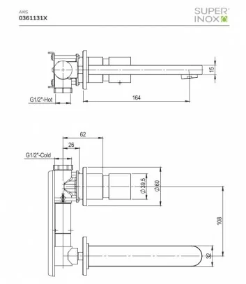 technical data sheet wall-mounted basin mixer Axis series by Super Inox